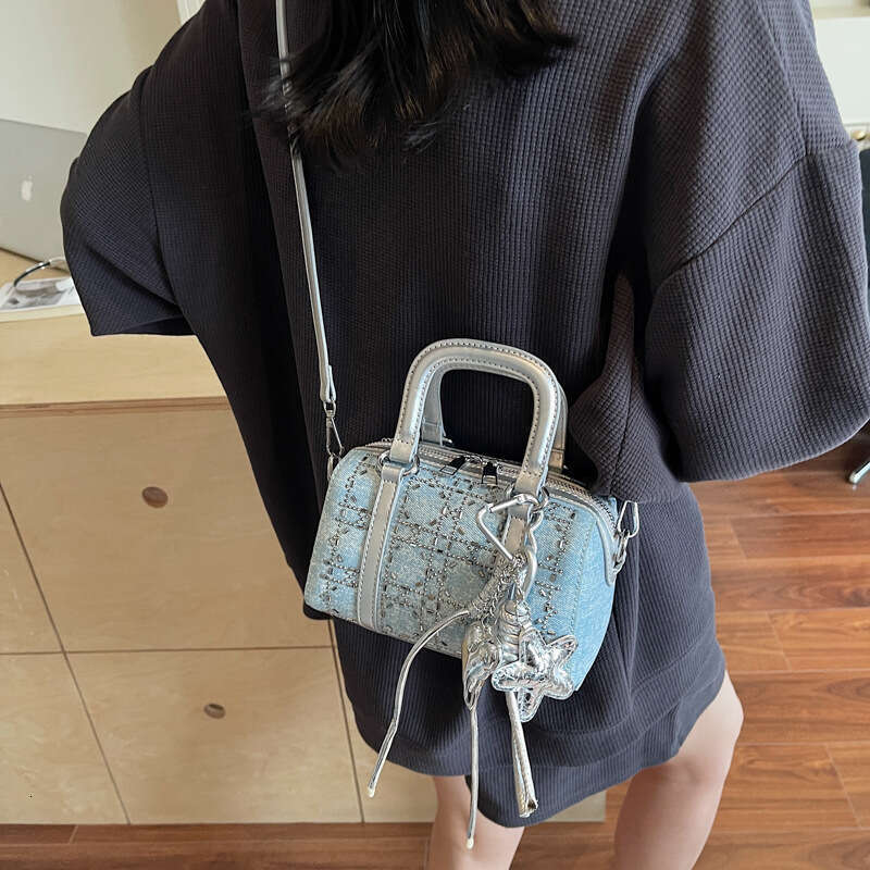 2025 New Free shipping Fashion Handbag Denim Rhinestone Boston Women's High-end Single Shoulder Crossbody Casual Bag