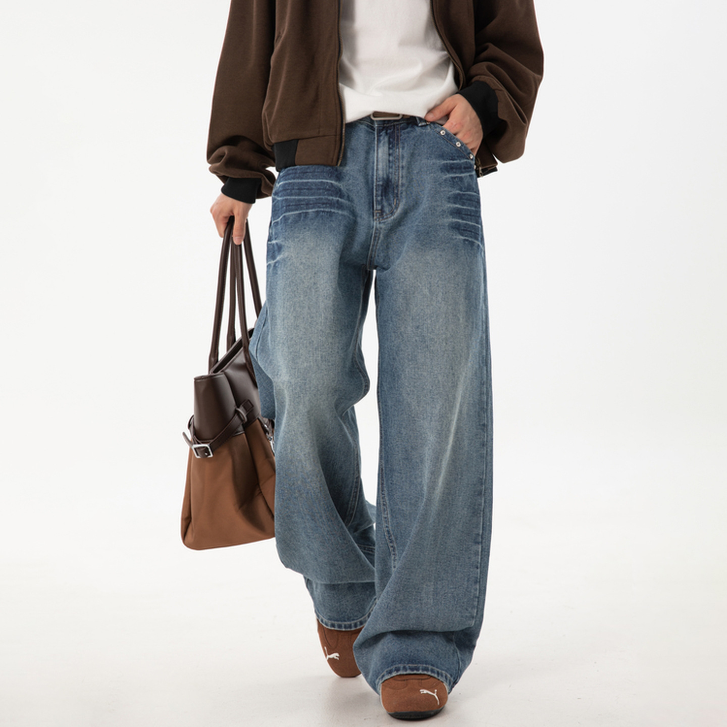 Y2K Pearl Baggy Jeans Solid Color Washing Front Pocket Decoration Men Women Streetwear Harajuku Retro High Street Straight Pants 250217