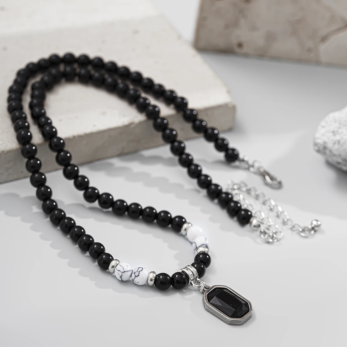 KunJoe Hip Hop Stainless Steel Square Pendant Necklace for Men Natural Tiger Eye Stone Acrylic Bead Strand Neck Jewelry 250704