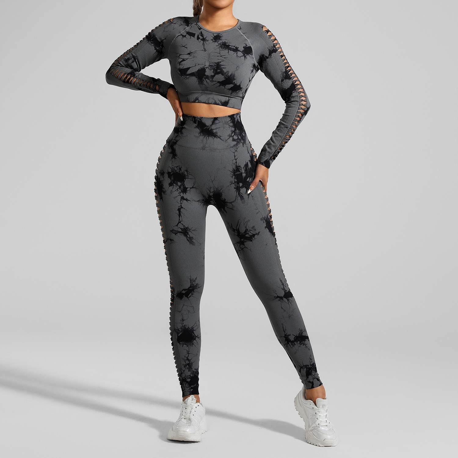 Women's Seamless Tie-Dye Yoga Set - Two-Piece Side-Cut Crop Top & Peach Bottoms Fitness Wear