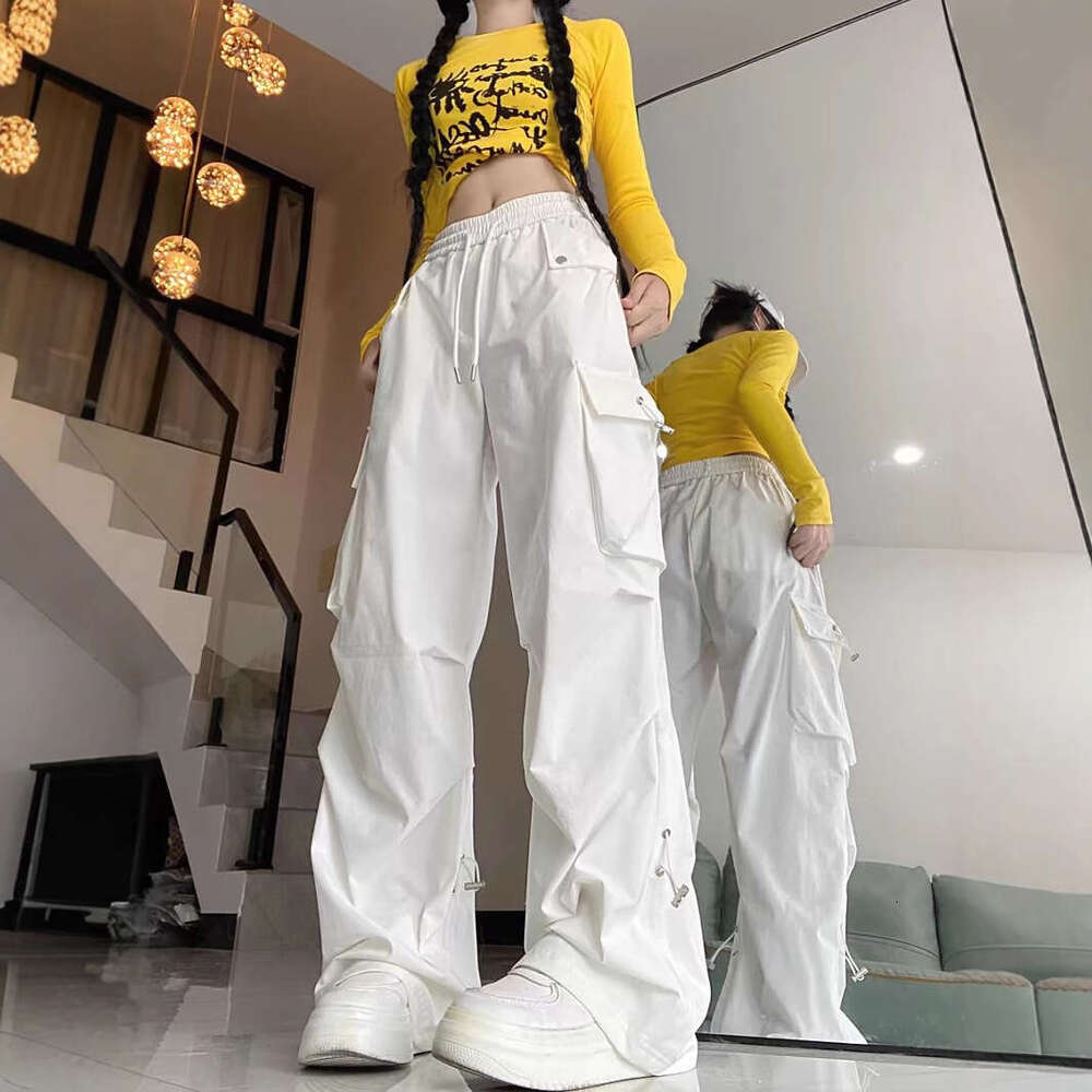 American Spicy Girl Pocket Wide-Leg Sweet Cool Style Cargo Women Versatile Slimming High-Waist White Casual Pants B5