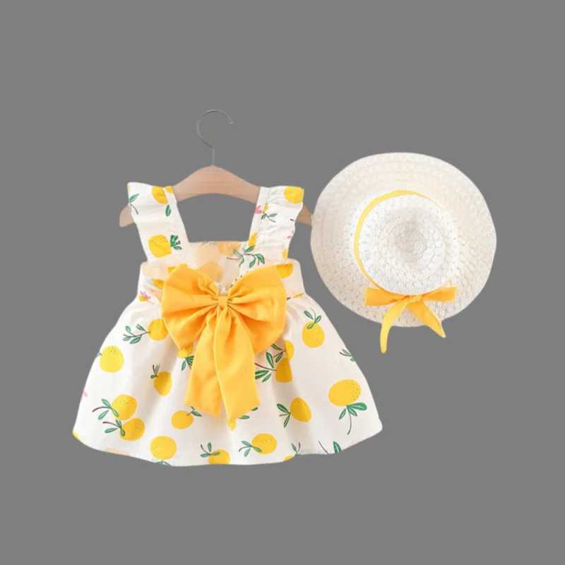2-Piece Set of Toddler Girls Summer New Suspender Dress Childrens Babys Chest Big Bow Sweet Beach Dress with Hat Included R250707