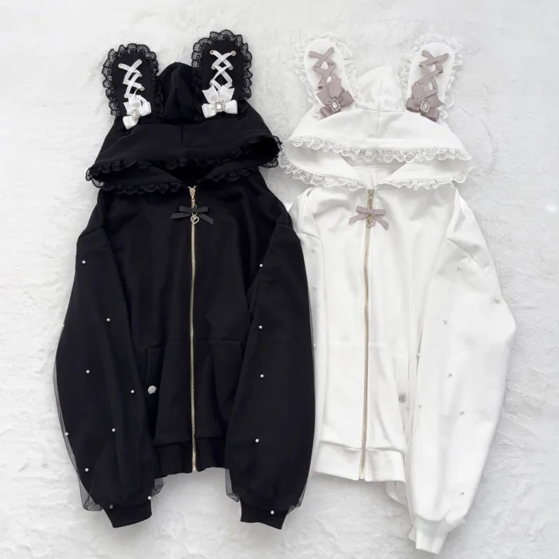 Bunny Hoodie Hoodies Y2K Rabbit Ear Hoodie Lolita Jacket Bow Girls Pearl JK Japan Lace Kawaii Zipper Cardigan Long Sleeved Top 250708