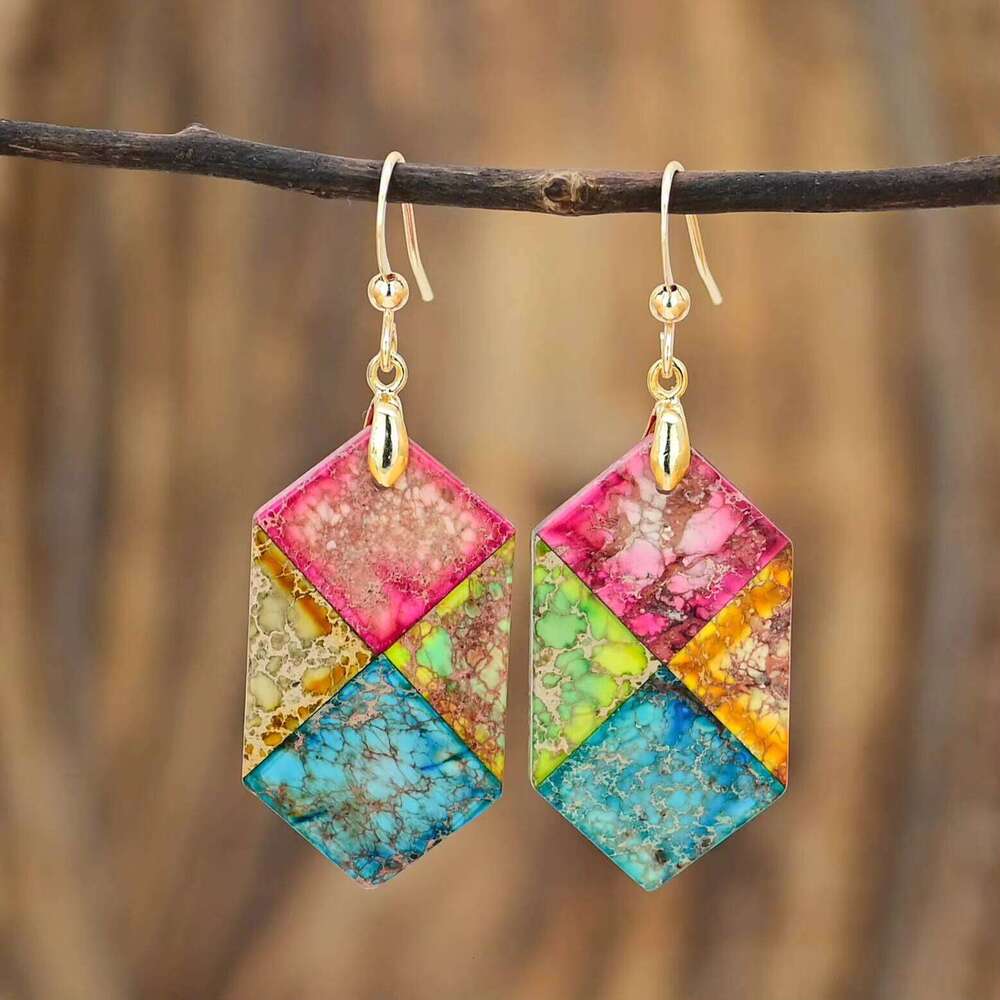 Hexagonal Natural Jasper Hanging Bohemian Charming Mixed Color Stone Earrings