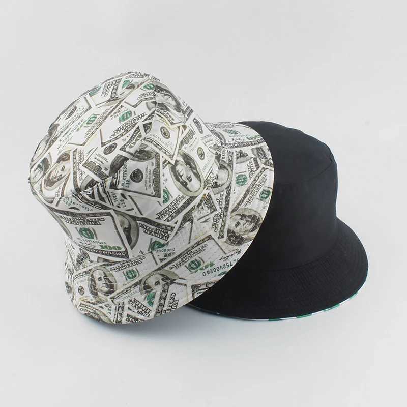 New Dollar Print Fishing Cap Bob Chapeau Femme Reversible Bucket Hat Men Fishing Bucket Hats For Women Harajuku Hip Hop Cap Y250707