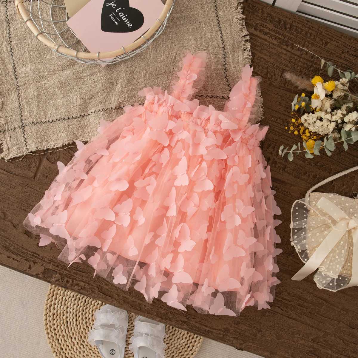 Baby Girl Dress Summer Full Print Butterfly Halter Solid Color Fluffy Girl Kids Dress Cute Casual Beach Kids Dresses R250707