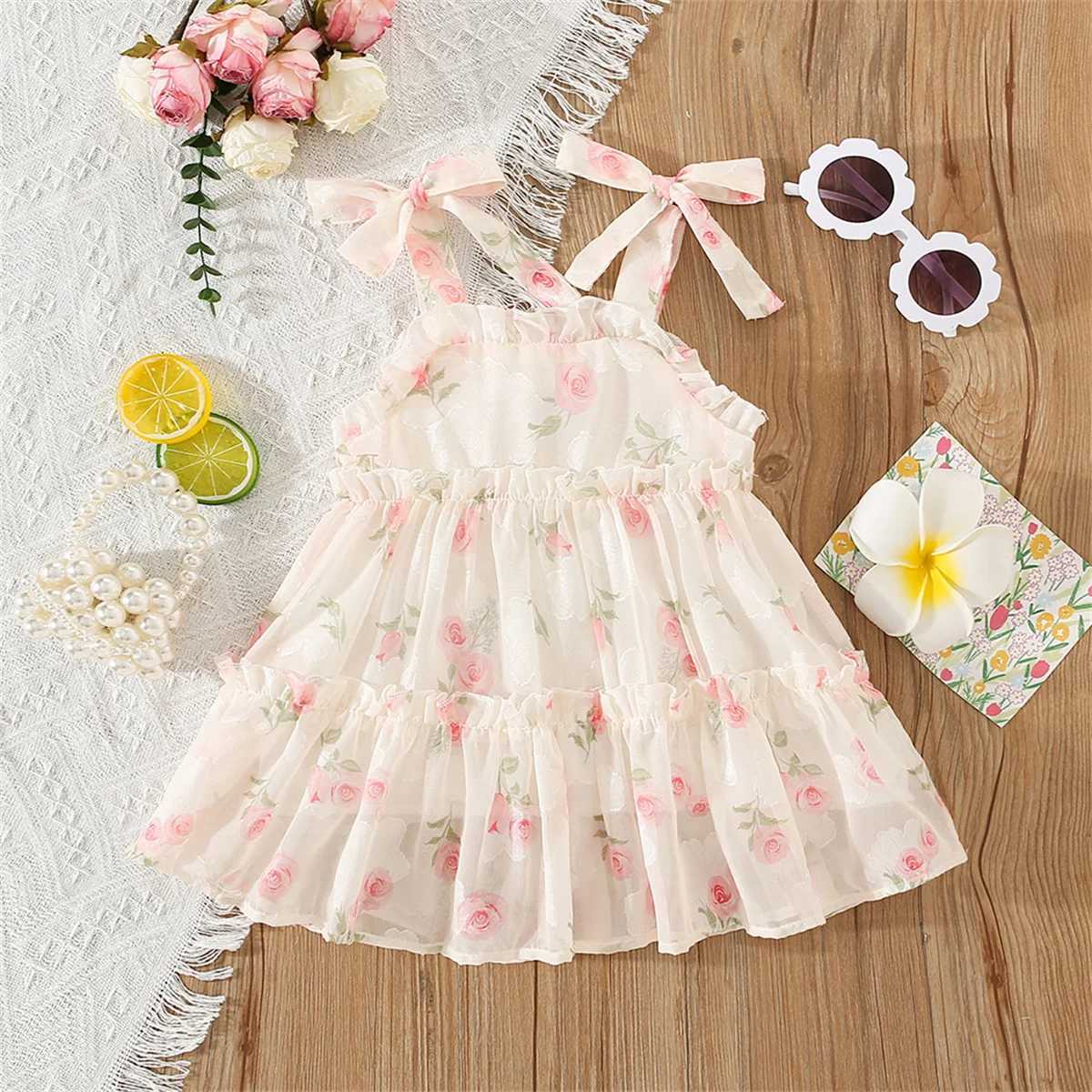 Summer Girls Dress Strap Chiffon Cool Beach Skirt Beautiful Fragmented Flower Ladies Fashion Bow Sleeveless Skirt R250707