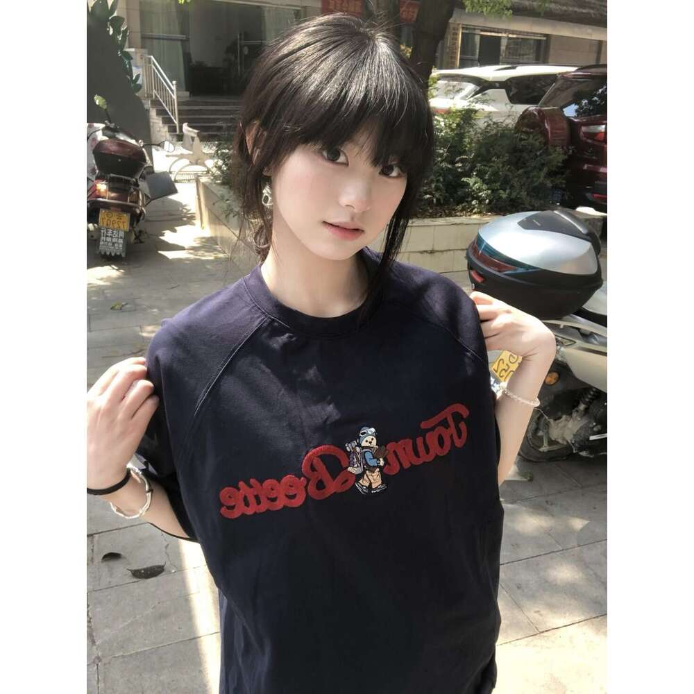 Korean Style Navy Blue Embroidered Bear Round Neck Short Sleeve T-Shirt For Women Summer New Loose Age-Reducing Top Trendy Brand B5