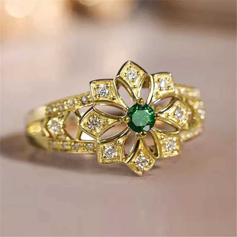 925 Sterling Silver Hollow Flower Design Rings for Women Luxury Green Cubic Zirconia Wedding Party Temperament Female Jewelry XJ250707