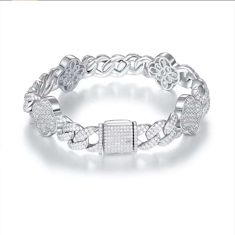 Mens 925 Silver 8MM Moissanite Double Row Cuban Link Bracelet Hip-Hop Style with Inlaid Stones Fashionable Bangles