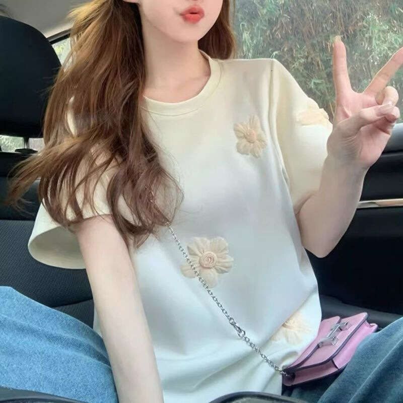 Plus Size Korean Style 3D Flower Short Sleeve T-Shirt For Women Summer New Loose Age-Reducing Regular Shoulder Top Trendy B5