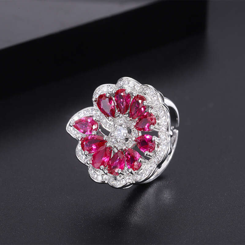 Douyin Live S Sier Needle Imitation Blood Red Corundum Jewelry Earrings Ring Pendant Set For Women 9Ec