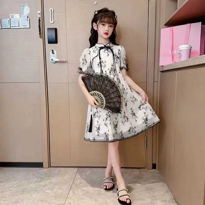 2024 New Vintage Qipao Dress for Girls Summer Ink Painted Childrens Princess Dress Summer Flower Girl Dresses 8 10 11 12 Years R250707