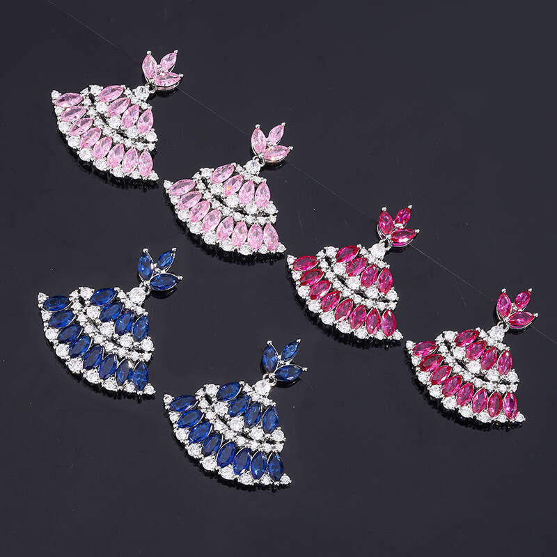 Zircon Luxurious Red Tourmaline Drop Fan-Shaped Skirt Royal Blue Earrings 095