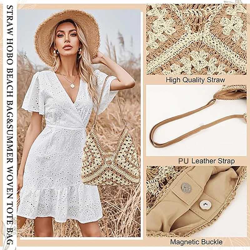 Hobo Beach Bag for Women Woven Tote Bag Summer Shoulder Bag Vintage Foldable Handbag for Travel Large Capacity
