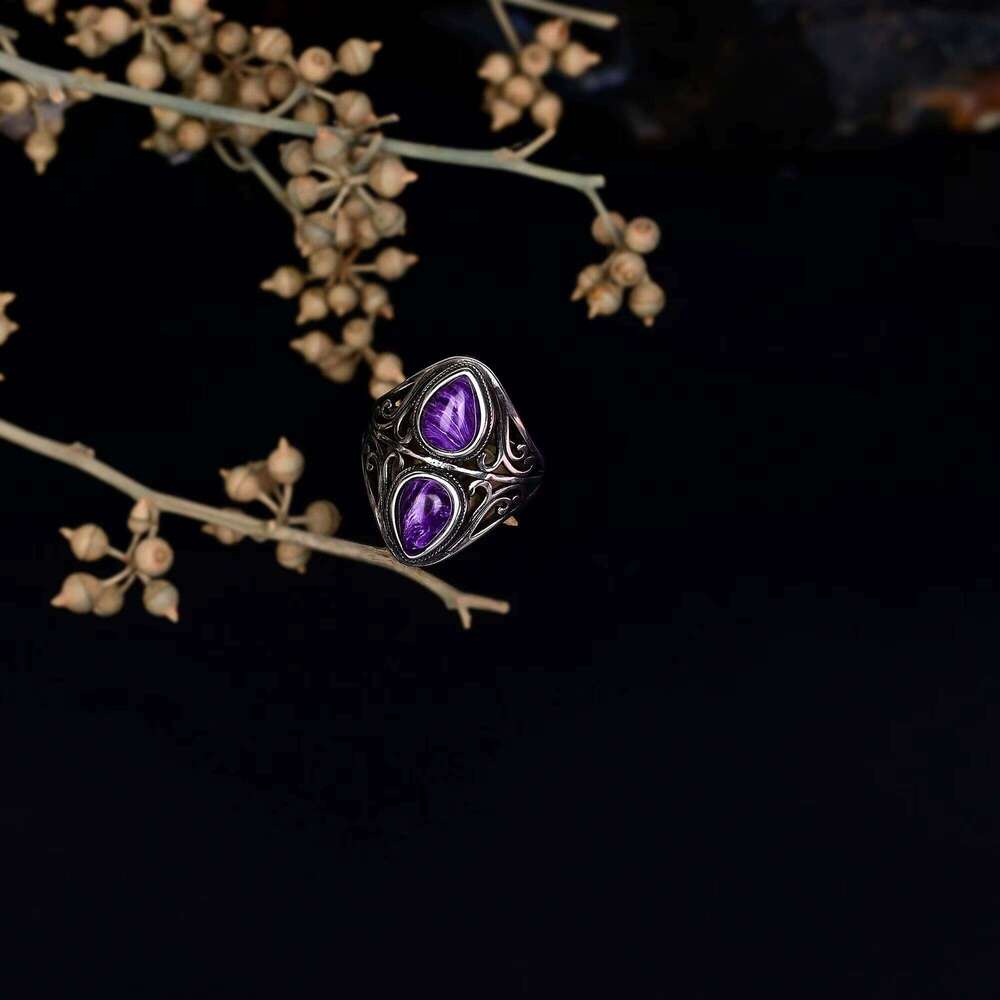 Charming Natural Charoite Bead for Women, White Copper Jewelry Ring with Home Delivery
