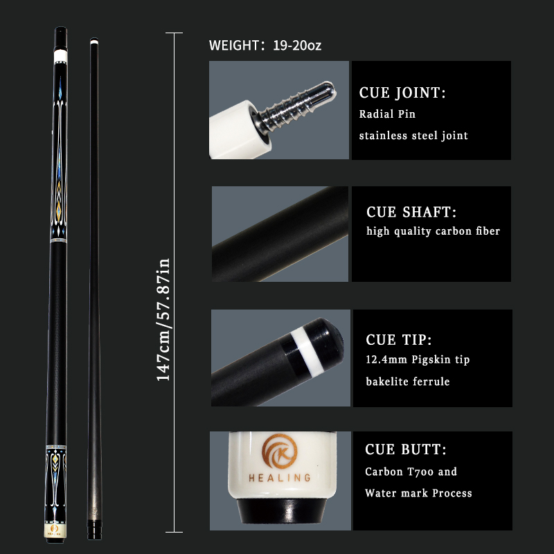 OKHEALING 1/2 Split Pool Cue Billiard Stick Carbon Fiber Billiard Cue 12.4mm Black Pigskin Tip Radial Pin or 8 Teeth Joint 1474mm/58inch Weight Adjust