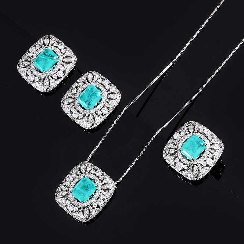 Square Full Dia Zircon Earrings For Women Hollow Paraiba Necklace Pendant Faux Jewelry Set Ring F5f