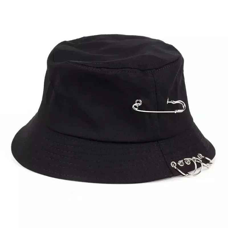 Bucket Hat for Women Men Teens Fashion Caps Hip Pop Kpop Black White Pink Fisherman Sun Hat with Big Metal Pins Rings Y250707
