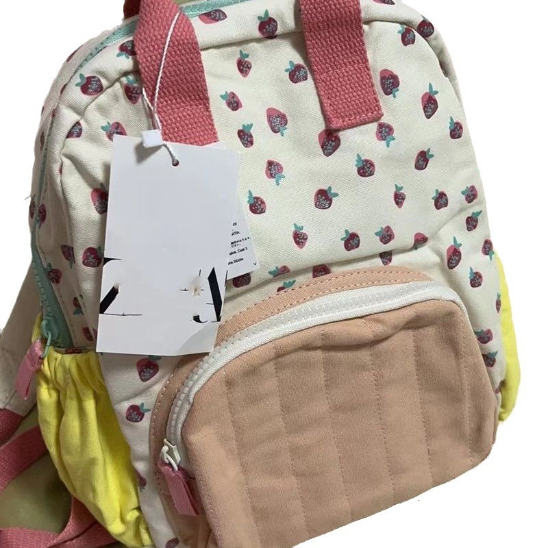 designer Xiaohongshu Hot-Selling Canvas Strawberry Backpack Girly Dopamine Color-Block Backpack Cute Casual Travel School Bag