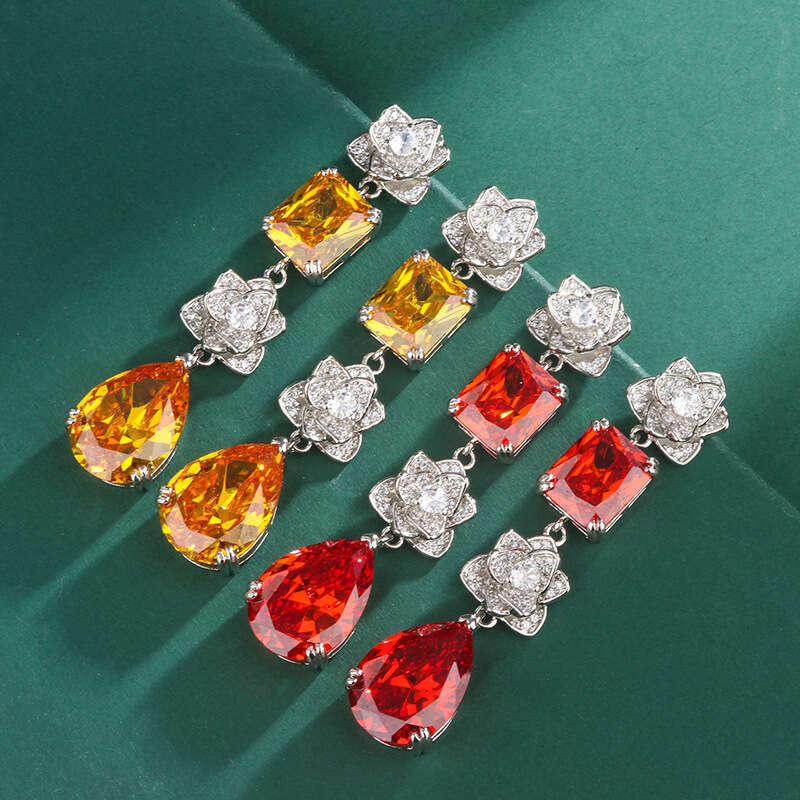 Heavy Craft Earrings Jewelry Banquet Inlaid Zircon Camellia Yellow Water Drop Tassel Women's Fashion D81