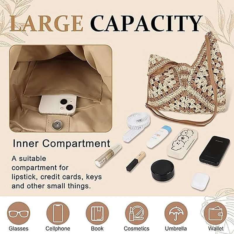 Hobo Beach Bag for Women Woven Tote Bag Summer Shoulder Bag Vintage Foldable Handbag for Travel Large Capacity