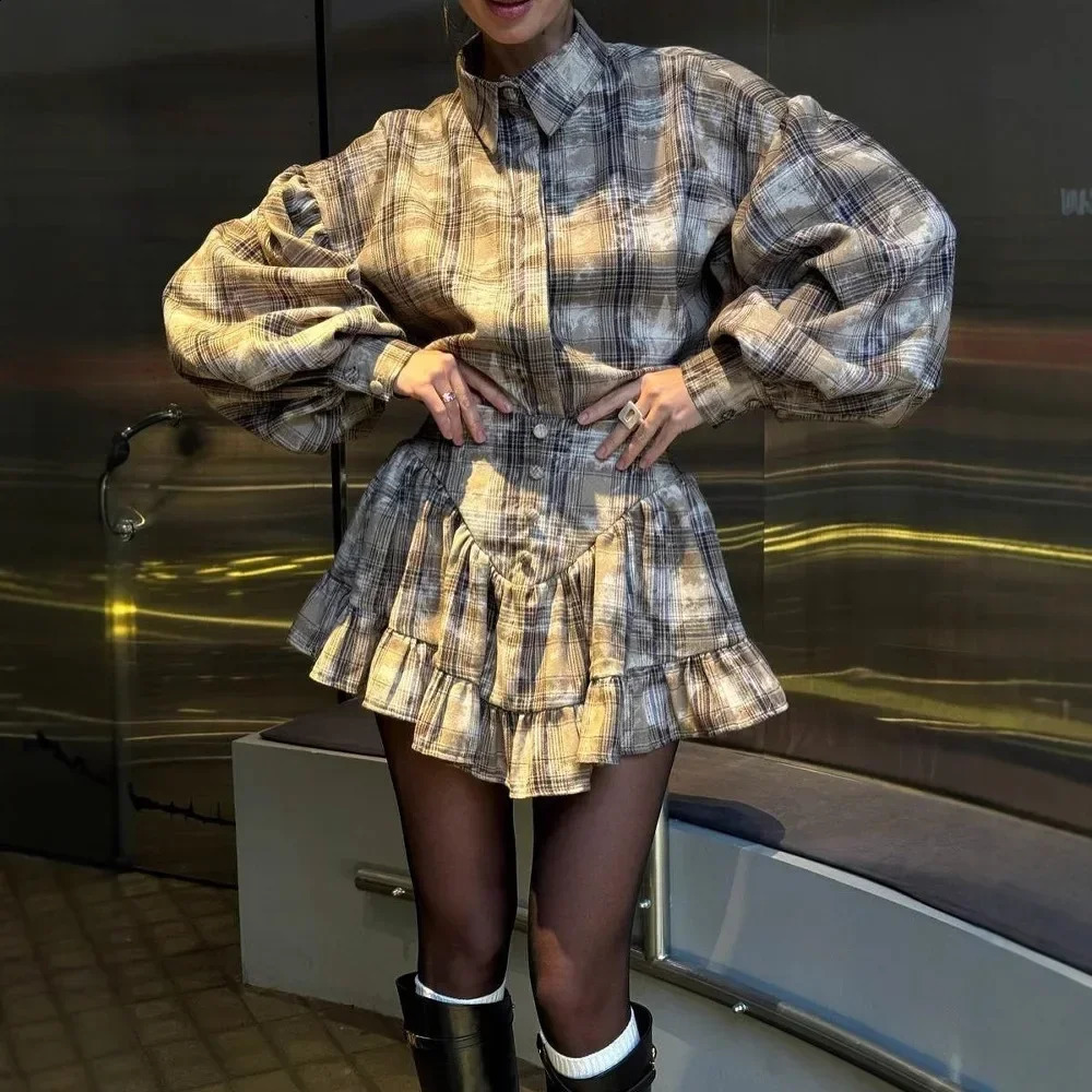 2025 Elegantsuit Womens Clothing Set High-End Feel Spring Plaid Sensibility Ruffle Edge Mini Dress 2-Piece Wholesale 250703