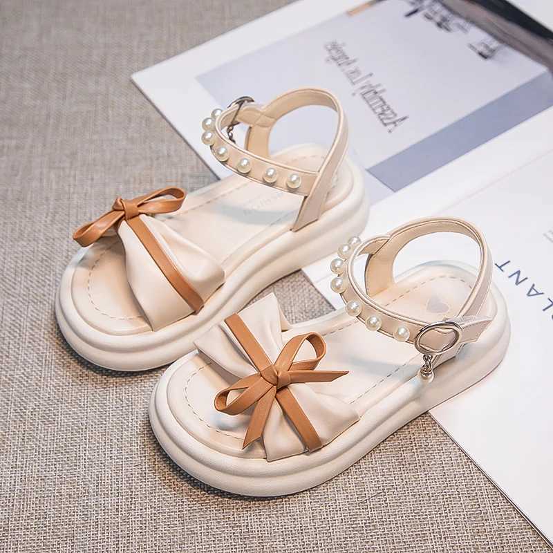 Girls Sweet Princess Sandals Soft Bottom Children Summer Beach Shoes Non-Slip Soft Sole Kids Flats Beading Sandals with Bow-knot R250707
