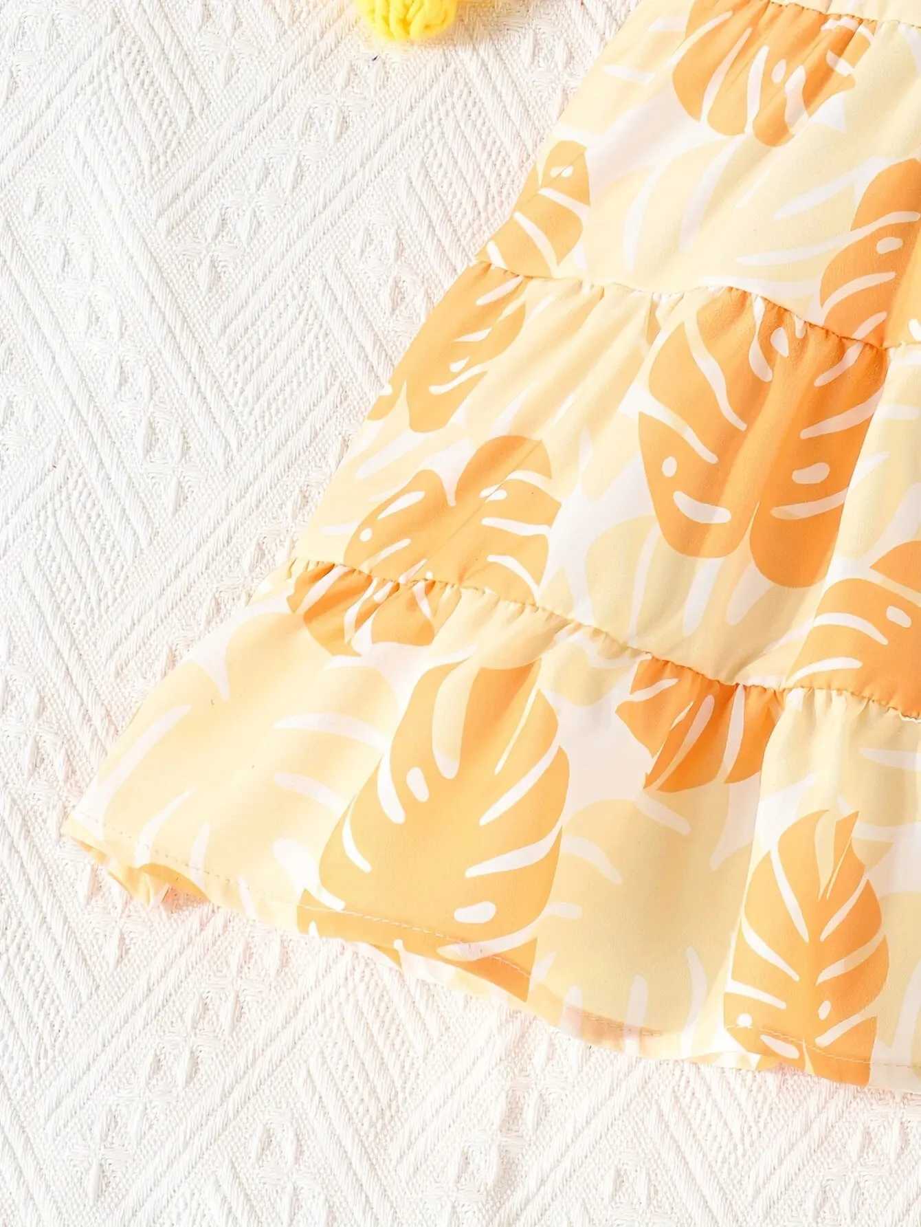 Summer Travel Holiday Dress Cute Baby Girl Beach Holiday Dress Girl Halter Vest Leaf Pattern Cake Dress R250707