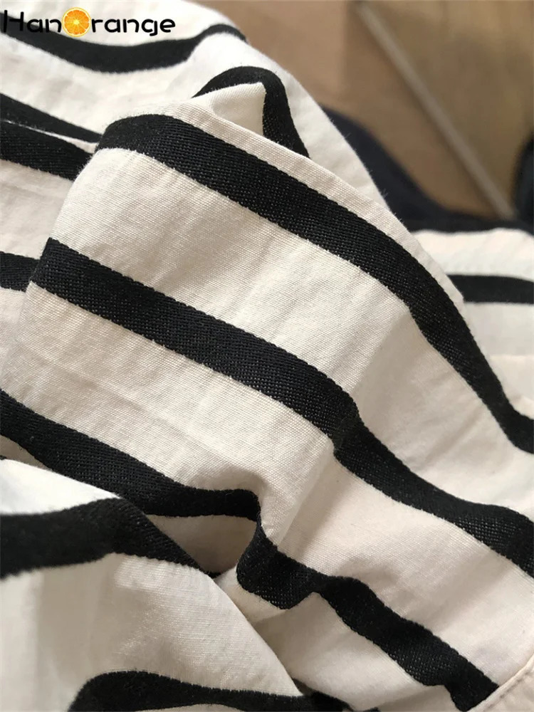HanOrange Spring Autumn Vintage Striped Shirt Women Lapel Loose Lazy Comfortable Top Female White/Black 250616