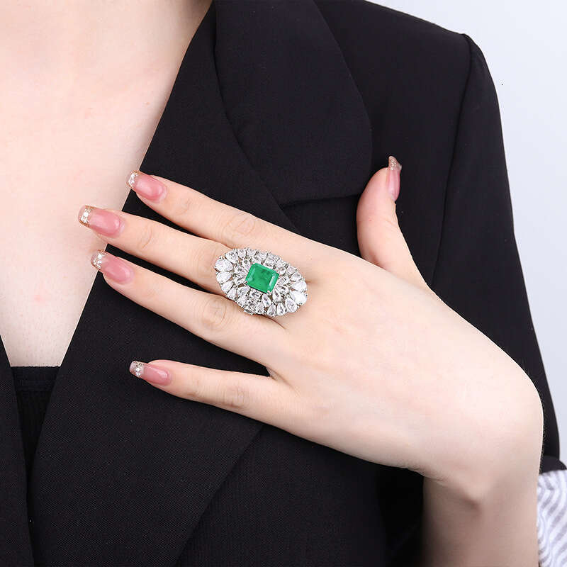 Luxurious Ring Aquamarine Zircon For Women, Copper Base With Gold Plating And Emerald Inlay 501