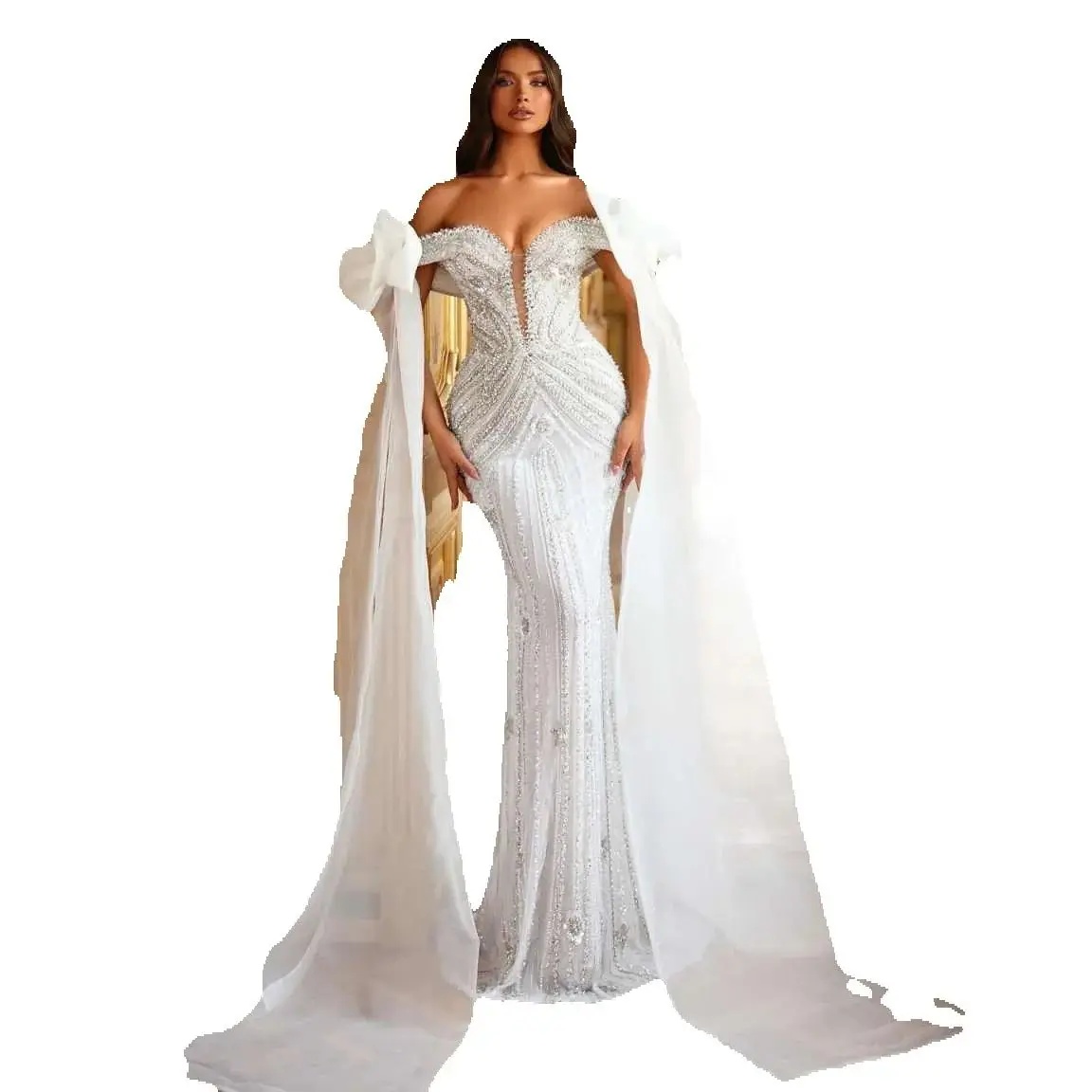 Off The Shoulder Crystal Wedding Dresses Fashion Beading Lace Mermaid Gown Floor Length vestidos de novia Customized