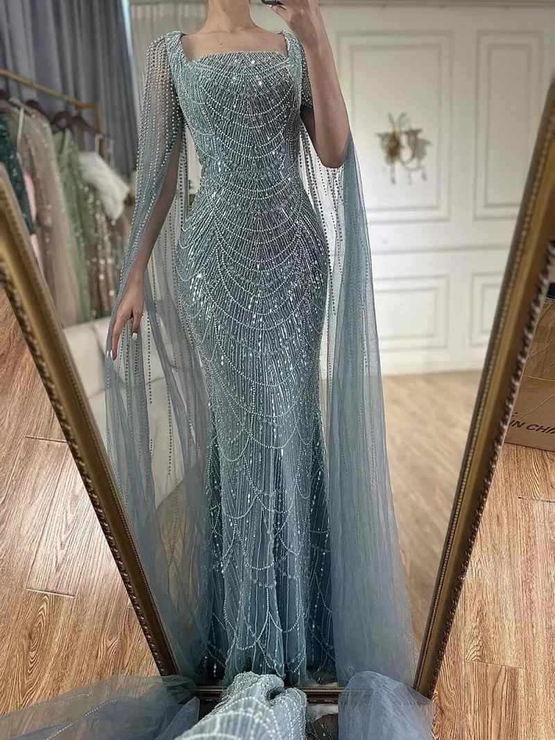 Customized Sage Green Mermaid Prom Evening Dress Square Neck Beaded Cape Sleeves Women Occasion Gown Plus Size For Special Occasion vestido de novia