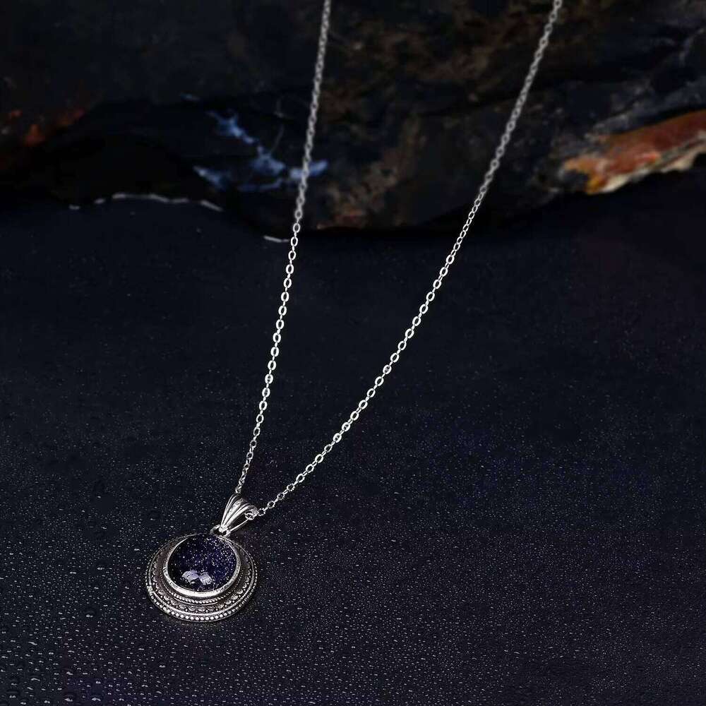 Secondhand Pure Sier Chain Large Oval Blue Sandstone Handmade Jewelry Necklace Engagement Party Gift