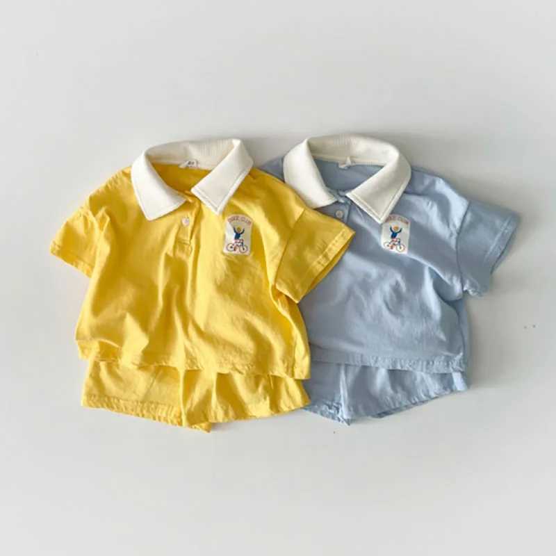 Summer New Boy Fashion Polo Sports Clothing Set Kid Simple Turn-down Collar T-shirt With Solid Loose Thin Cotton Shorts 2-piece Set R250707