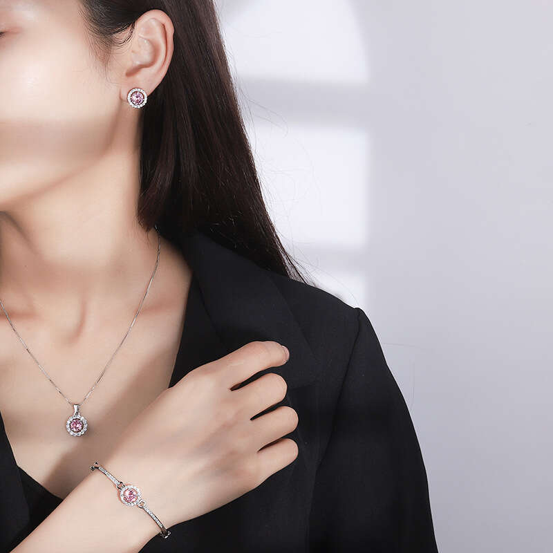 Pink Zircon Heart Beating Bracelet Bangle 2022 Qixi Festival Gift For Girlfriend Necklace Pendant Trendy Earrings Dfc