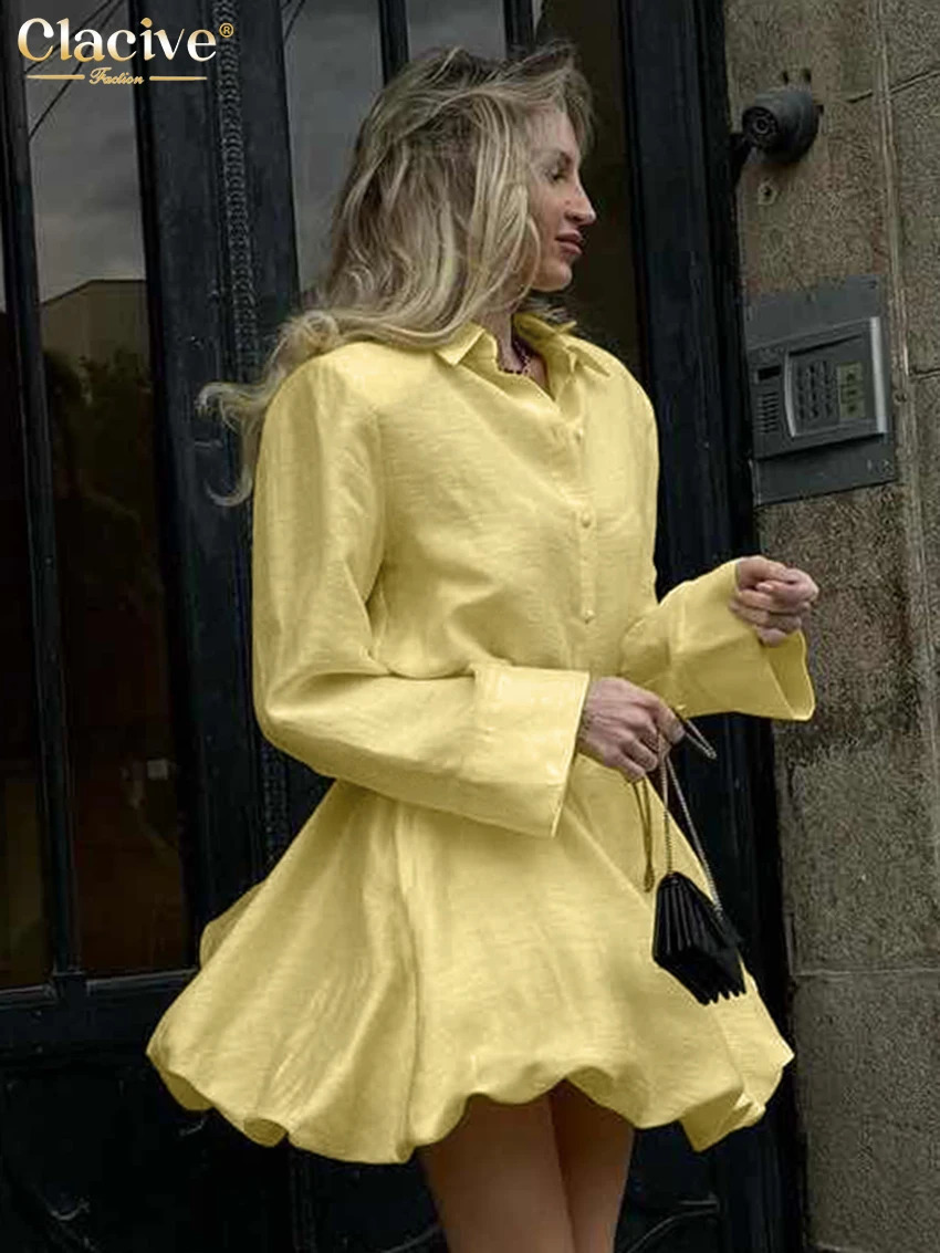 Clacive Fashion Loose Yellow Womens Two Pieces Set 2025 Elegant Long Sleeve Shirt With High Waist Pleated Mini Skirt Set Female 250703