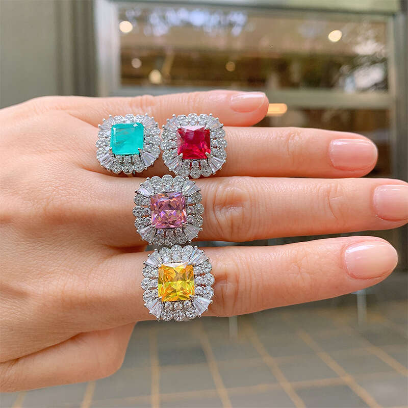 Paraiba Electroplated Simulated Simple Zircon Square Blue Socialite Open Ring For Women Fc6