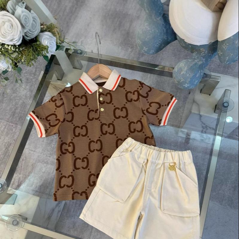 Children suit with collar polo dress, waist cinched casual short sleeved casual pants, two piece set trendy