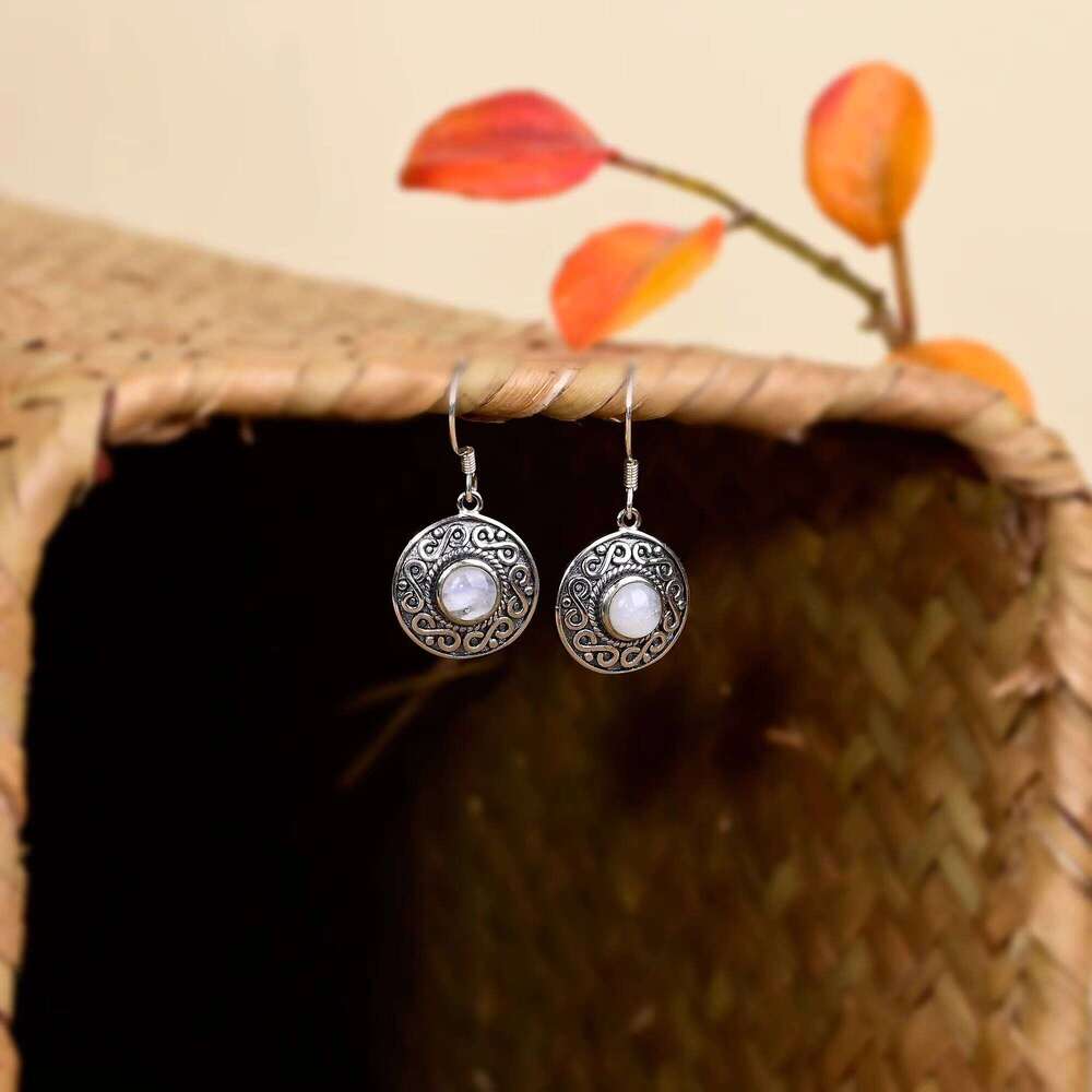 Ethnic Sier Earrings, Round Moonstone, Suitable for Women's Fine Jewelry Gifts