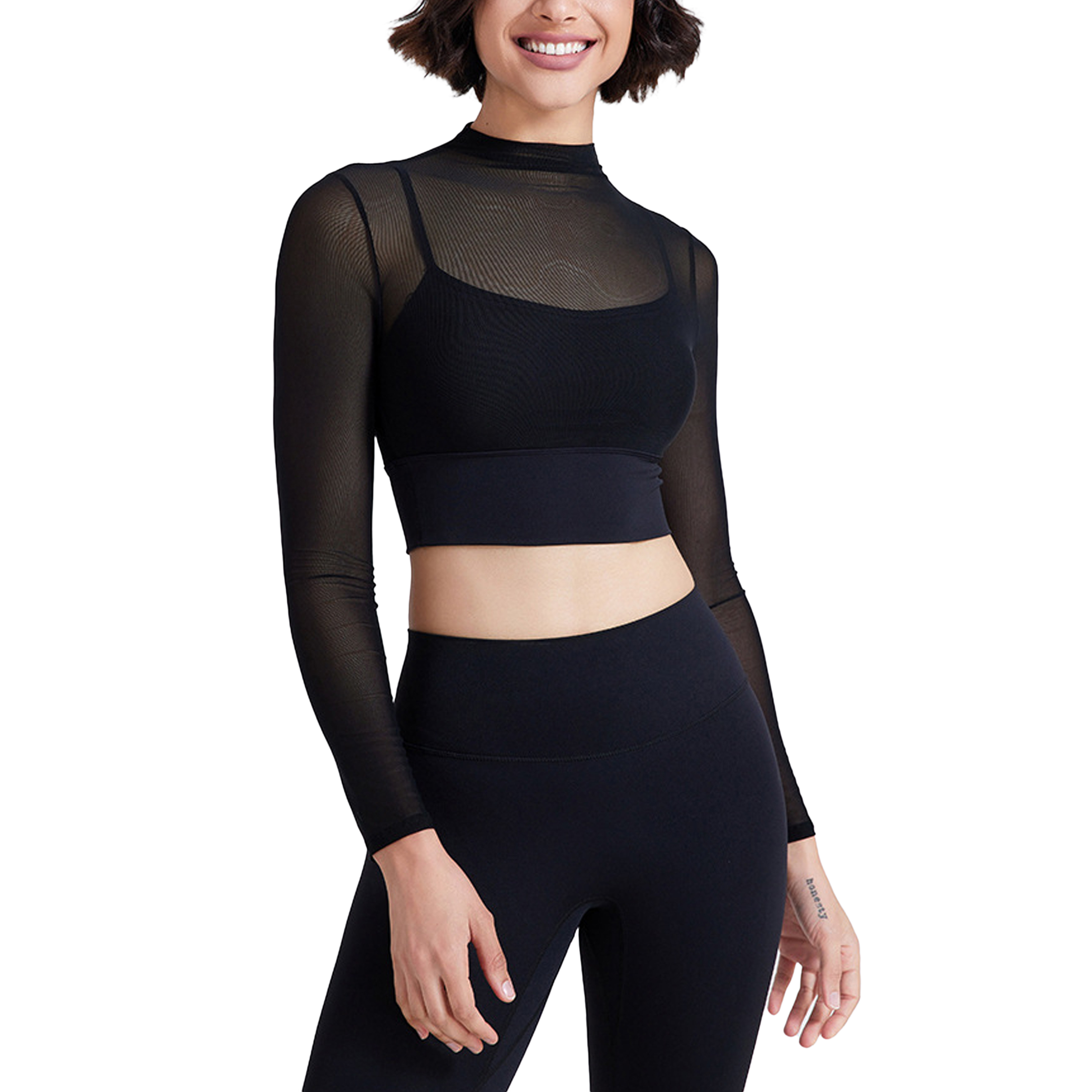 Sexy Mesh Yoga Wear Long Sleeve with Pads Running Quick Dry Sports Bra One Cup Fitness Clothing Tops