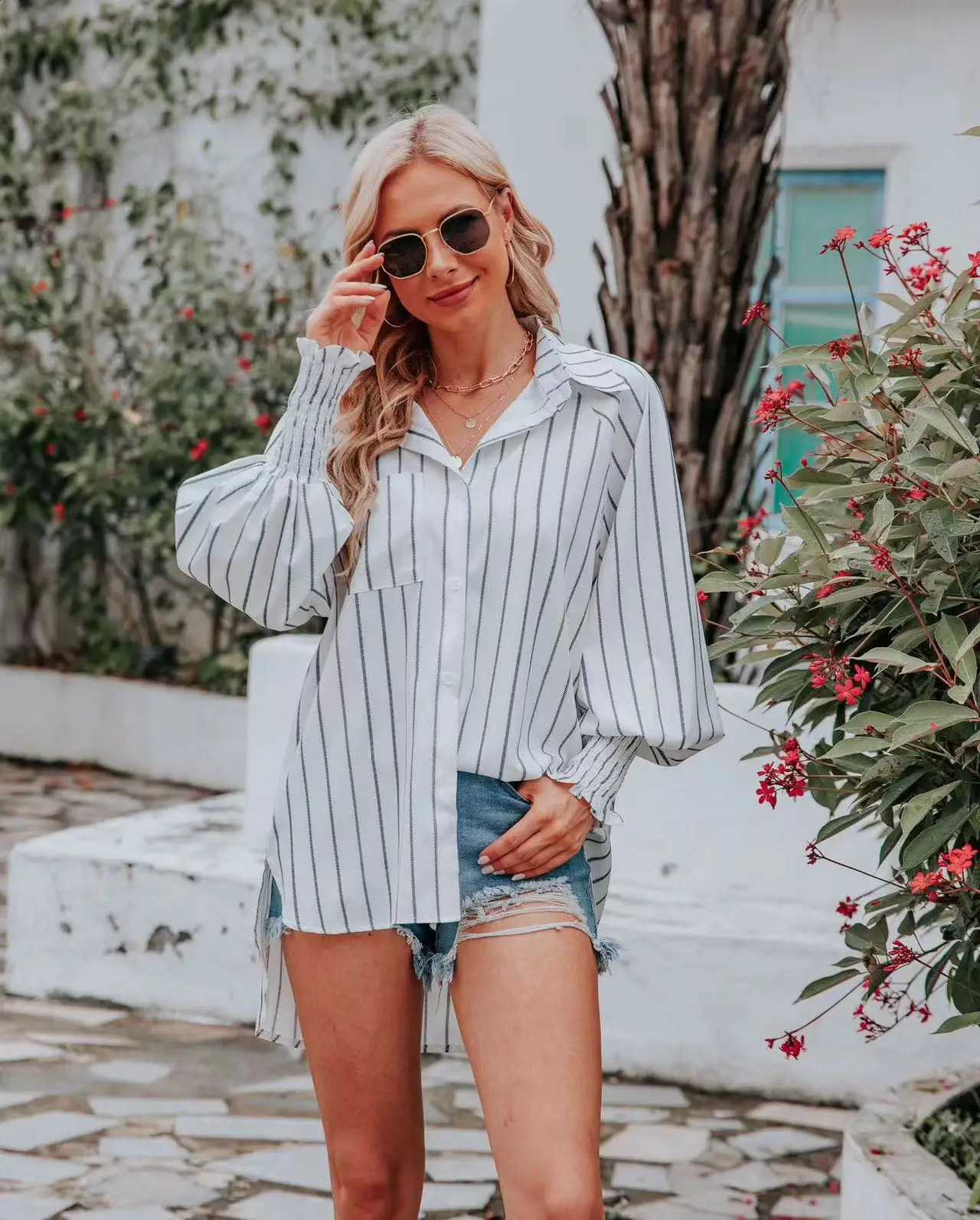 Womens Plus Size Shirt White Striped Lightweight Breathable Top for Spring and Summer Travel Wear Comfortable Casual Clothes 250703