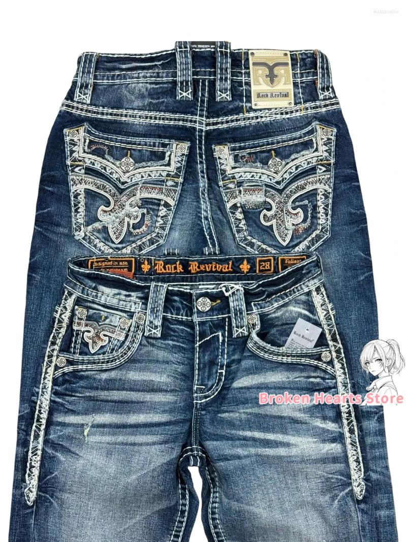 Men's Pants Y2K Gothic Blue Denim Embroidery Harajuku Wide Revival Mens Jeans Foliage Bootcut Women Pocket Hip Hop Streetwear