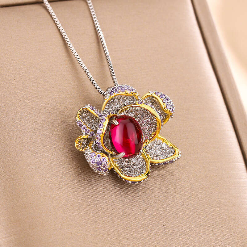 Jewelry New Set Necklace Ring Pigeon Blood Red High-End Sense Temperament Rose Flower Women's Eca