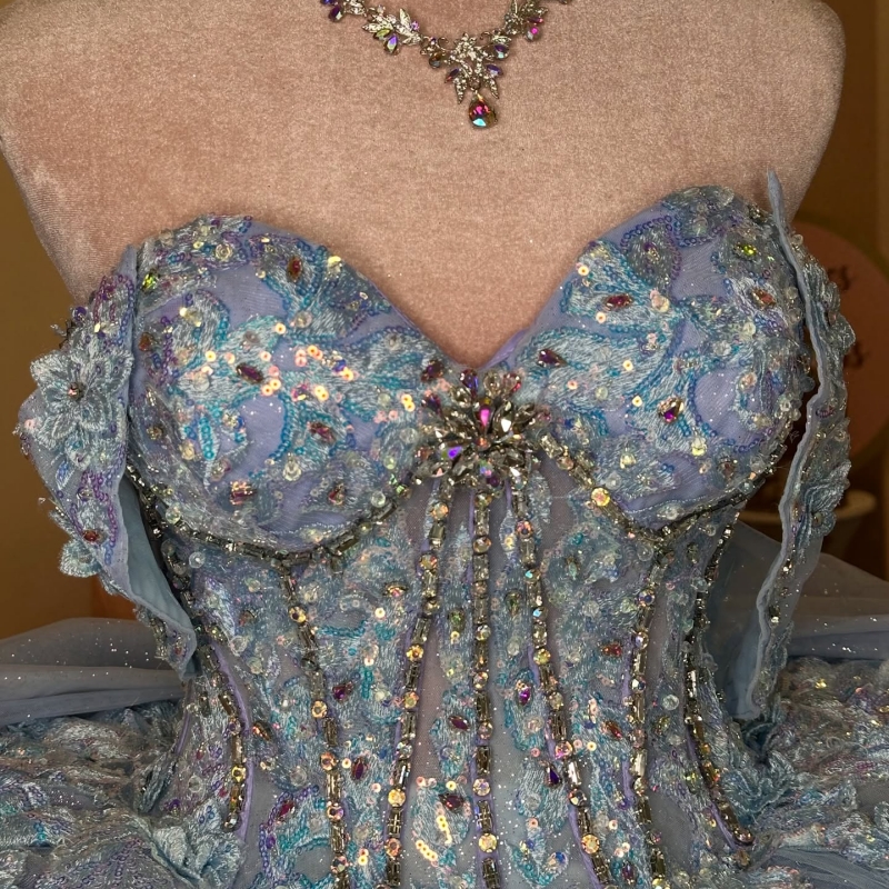 Blue Shiny Quinceanera Dresses Ball Gown Off The Shoulder Applique Lace Beading Crystal Tull Corset Party Birthday Sweet 16 Dress Vestidos 15 Anos