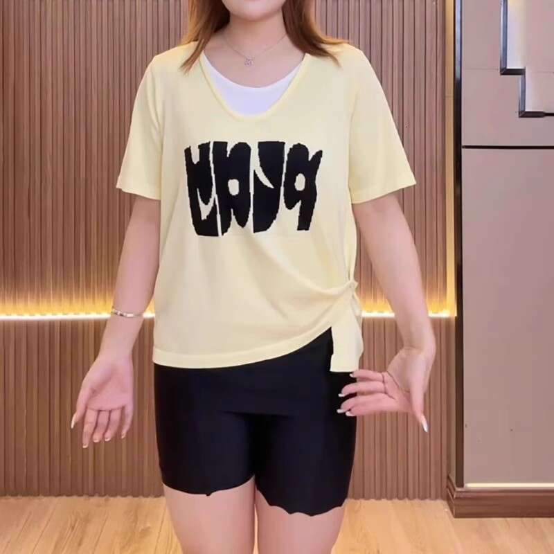 Fake Two-Piece Round Neck Short Sleeve T-Shirt For Women Summer Large Size Design Sense Patchwork Color Block Letter Commuter Top B5