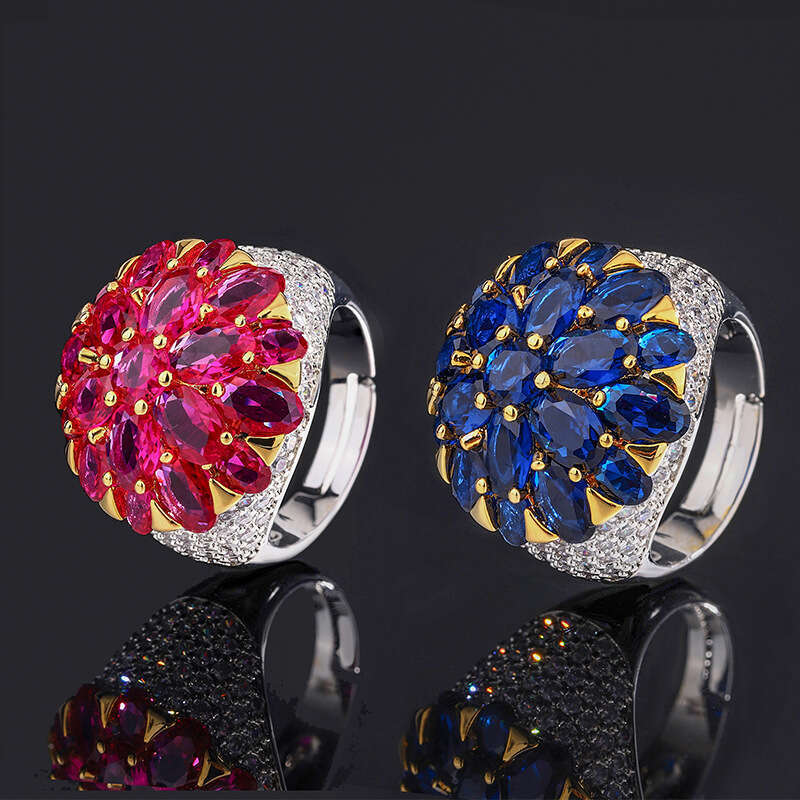 Pigeon Blood Palace Style Flower Blue Cubic Zirconia Red Corundum Gemstone Adjustable Ring D07