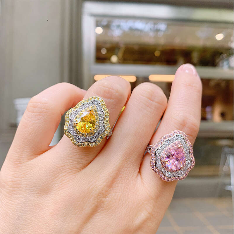 New Pink Diamond Micro Pave Pear Shape Colorful Jewelry Exaggerated Zircon Ring For Women 6Da