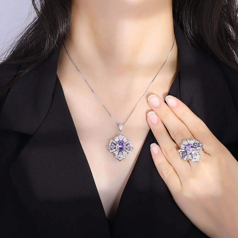 Colorful Gemstone For Women With Purple Kunzite Pendant And Paraiba Green Ring Necklace 948