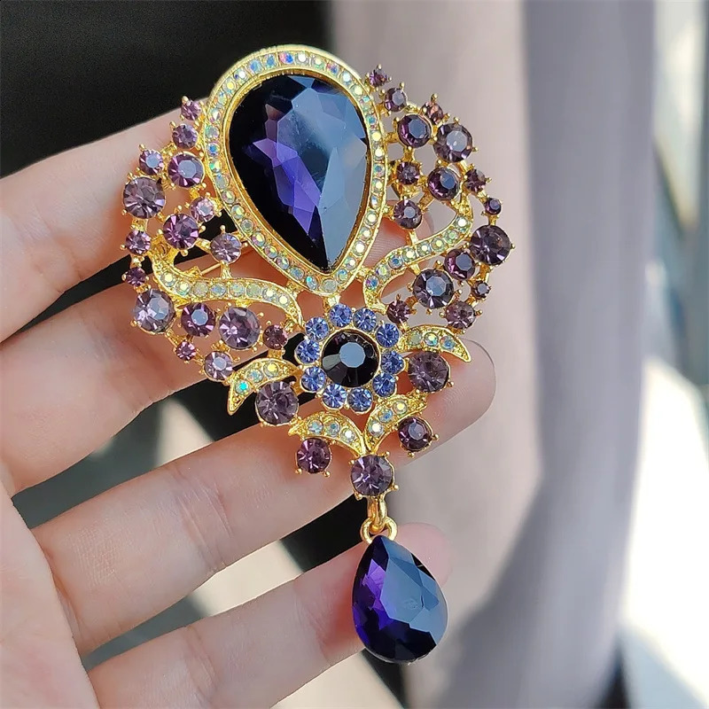 Elegant Large Crystal Waterdrop Brooches for Women Vintage Fashion Pendant Style Wedding Pins Party Jewelry 250625